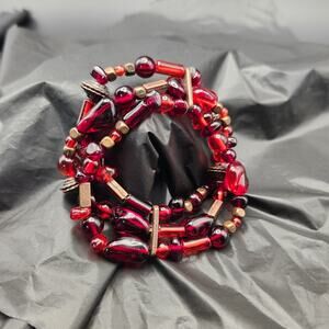 Boho Multi Strand Red Glass Beaded Stretch Bracelet Garnet Look Brass Accents